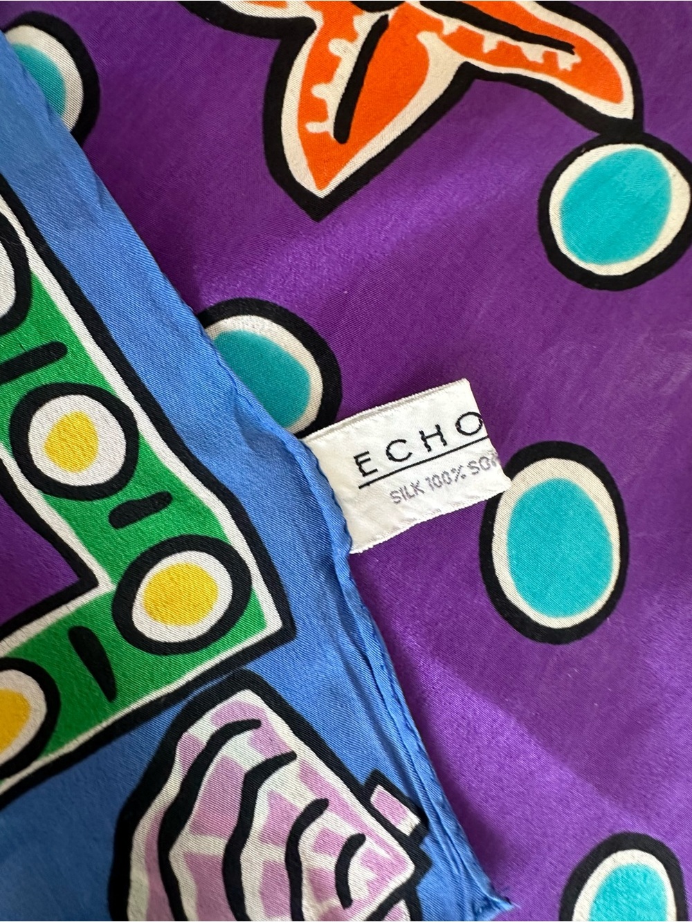 VTG Echo Silk Scarf Blue Green Seashell Starfish Nautical Coastal Pop Art Oblong - Picture 3 of 7